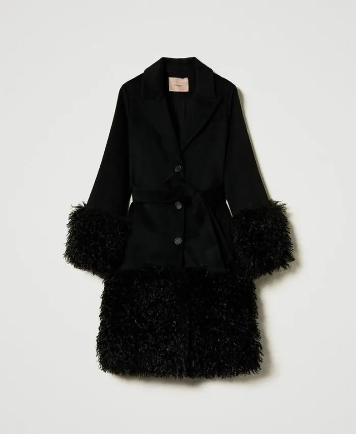 Twinset Coats And Trench Coats Wool Blend Cloth Coat With Faux Fur Black 8211 Clothing