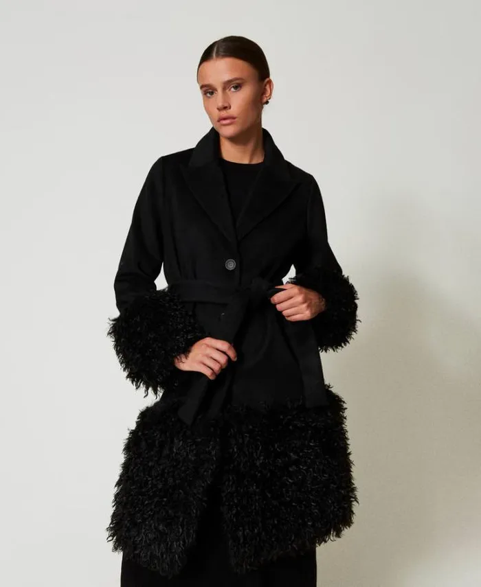Twinset Coats And Trench Coats Wool Blend Cloth Coat With Faux Fur Black 8211 Clothing