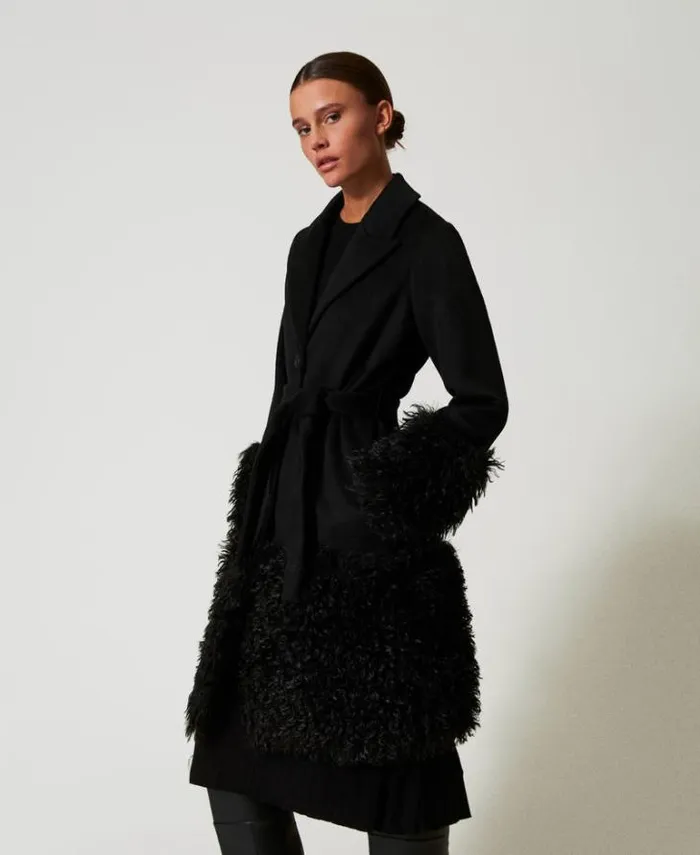 Twinset Coats And Trench Coats Wool Blend Cloth Coat With Faux Fur Black 8211 Clothing