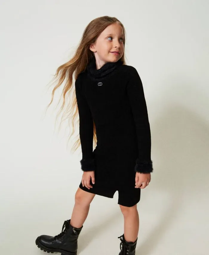 Twinset Dresses Short Knit Dress With Faux Fur Black 8211 Girl