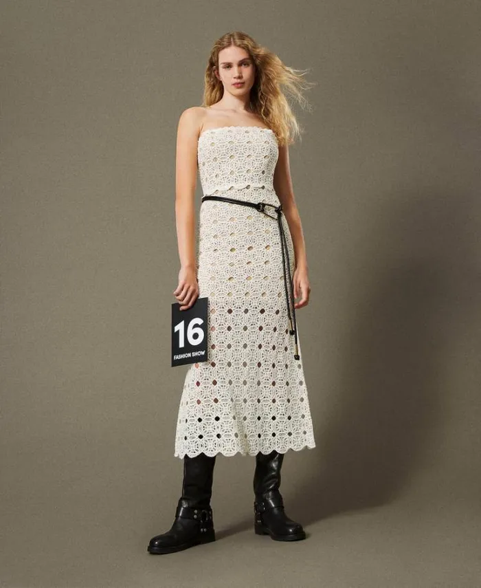 Twinset Elegant Dresses Long Crochet Bustier Dress White Snow 8211 Clothing