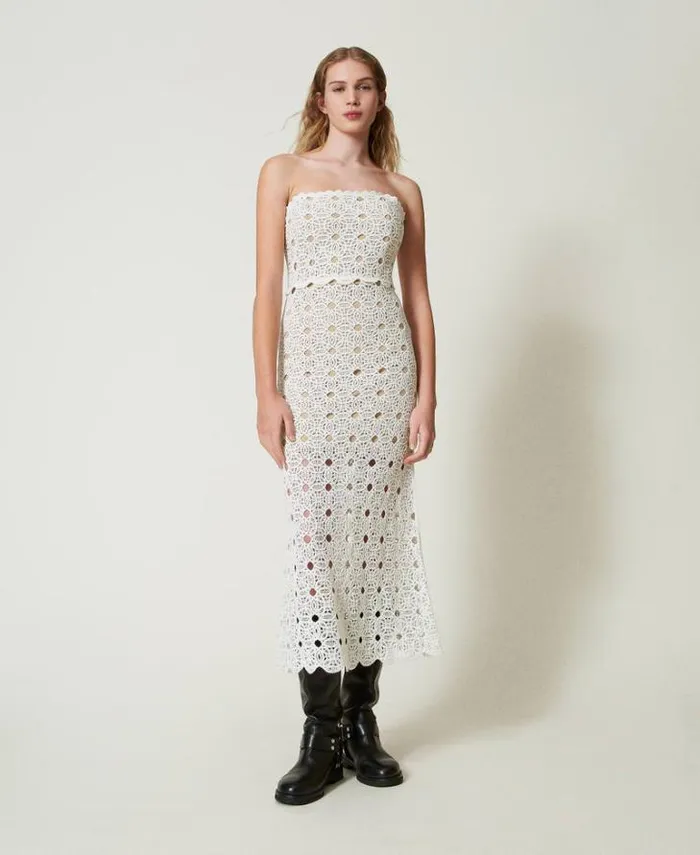 Twinset Elegant Dresses Long Crochet Bustier Dress White Snow 8211 Clothing