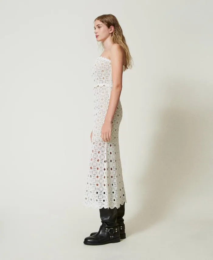 Twinset Elegant Dresses Long Crochet Bustier Dress White Snow 8211 Clothing