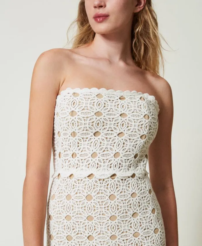 Twinset Elegant Dresses Long Crochet Bustier Dress White Snow 8211 Clothing