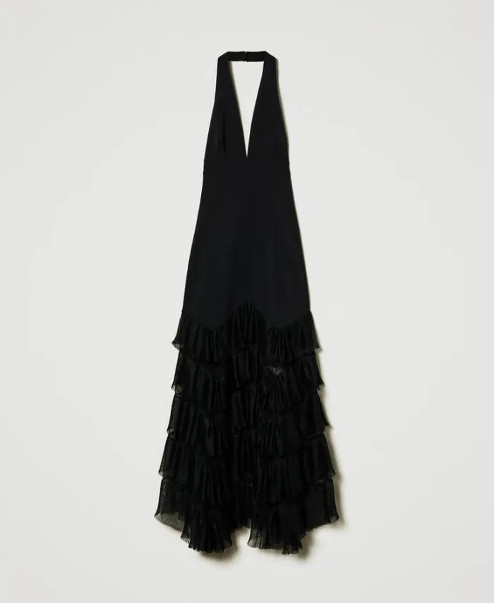 Twinset Elegant Dresses Long Halter Dress With Pleated Tulle Flounces Black 8211 Clothing