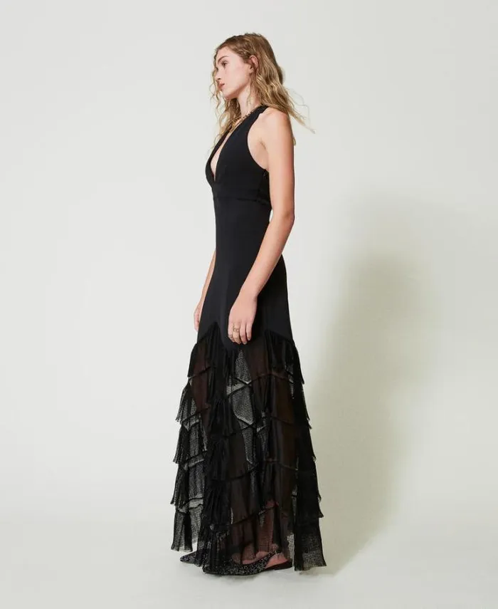 Twinset Elegant Dresses Long Halter Dress With Pleated Tulle Flounces Black 8211 Clothing