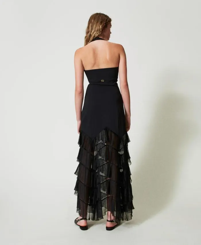 Twinset Elegant Dresses Long Halter Dress With Pleated Tulle Flounces Black 8211 Clothing