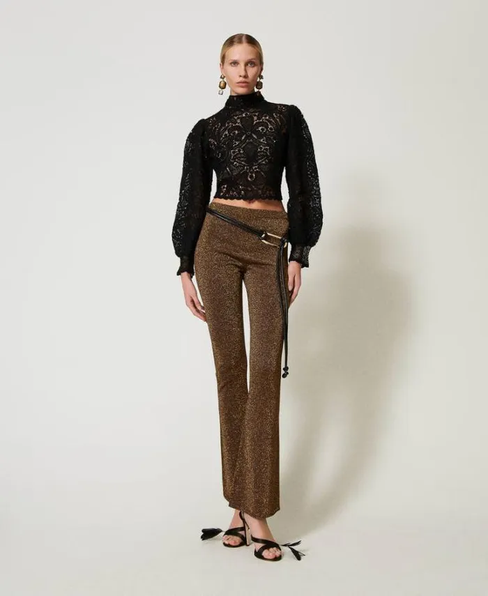 Twinset Flares Flared Knit Trousers With Lurex Twotone Dark Chocolate Dark Gold 8211 Clothing