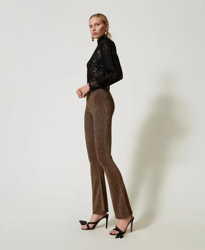 Twinset Flares Flared Knit Trousers With Lurex Twotone Dark Chocolate Dark Gold 8211 Clothing