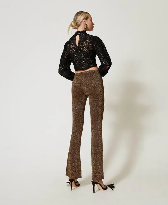 Twinset Flares Flared Knit Trousers With Lurex Twotone Dark Chocolate Dark Gold 8211 Clothing