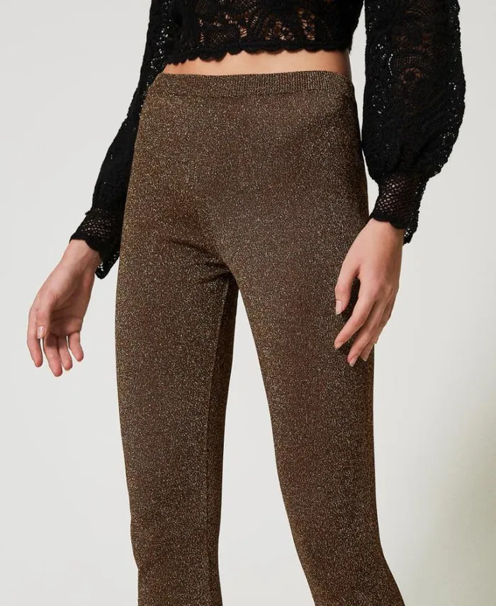Twinset Flares Flared Knit Trousers With Lurex Twotone Dark Chocolate Dark Gold 8211 Clothing