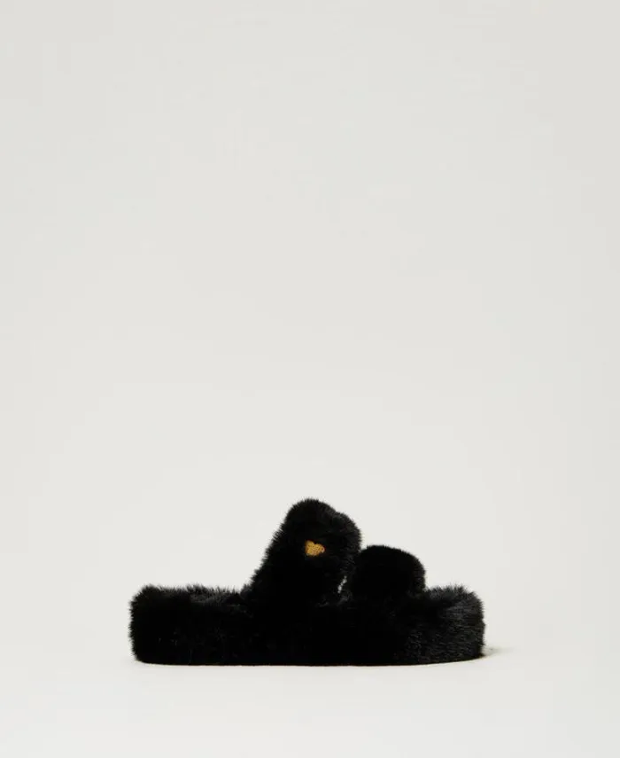 Twinset Flat Shoes Faux Fur Slides Black 8211 Shoes
