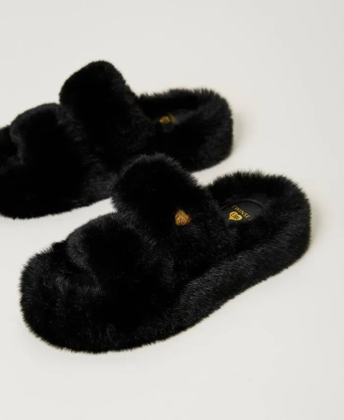 Twinset Flat Shoes Faux Fur Slides Black 8211 Shoes