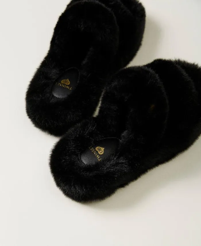 Twinset Flat Shoes Faux Fur Slides Black 8211 Shoes