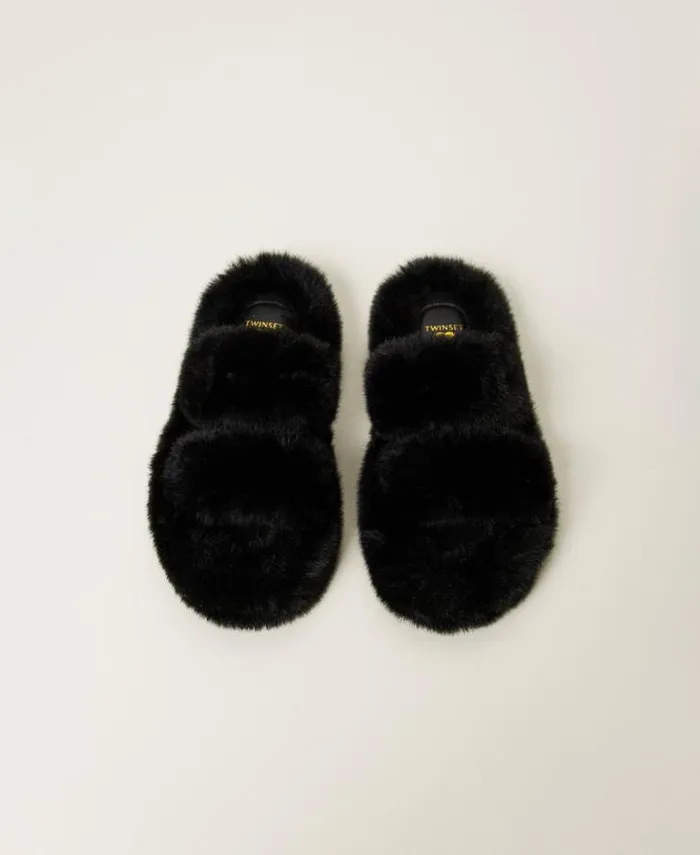 Twinset Flat Shoes Faux Fur Slides Black 8211 Shoes