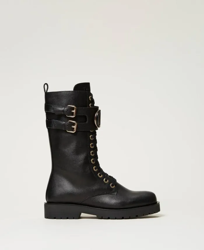 Twinset Flat Shoes High Leather Combat Boots With Oval T Black 8211 Shoes