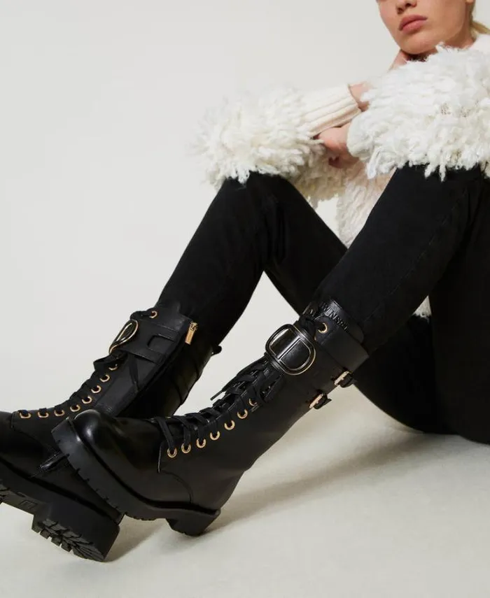 Twinset Flat Shoes High Leather Combat Boots With Oval T Black 8211 Shoes
