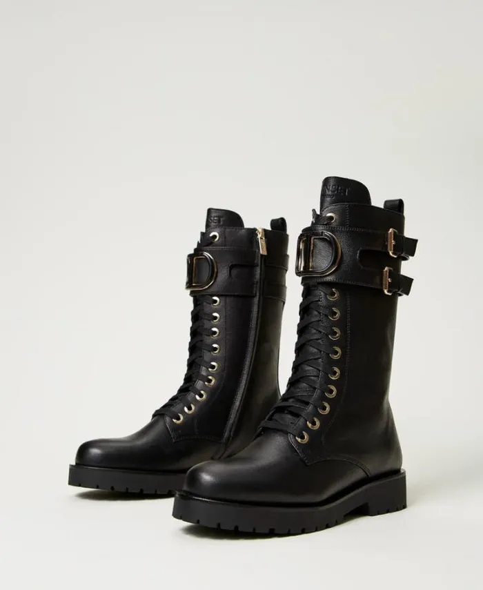 Twinset Flat Shoes High Leather Combat Boots With Oval T Black 8211 Shoes