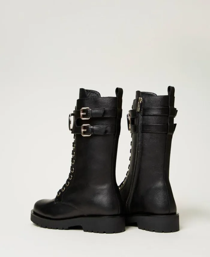 Twinset Flat Shoes High Leather Combat Boots With Oval T Black 8211 Shoes