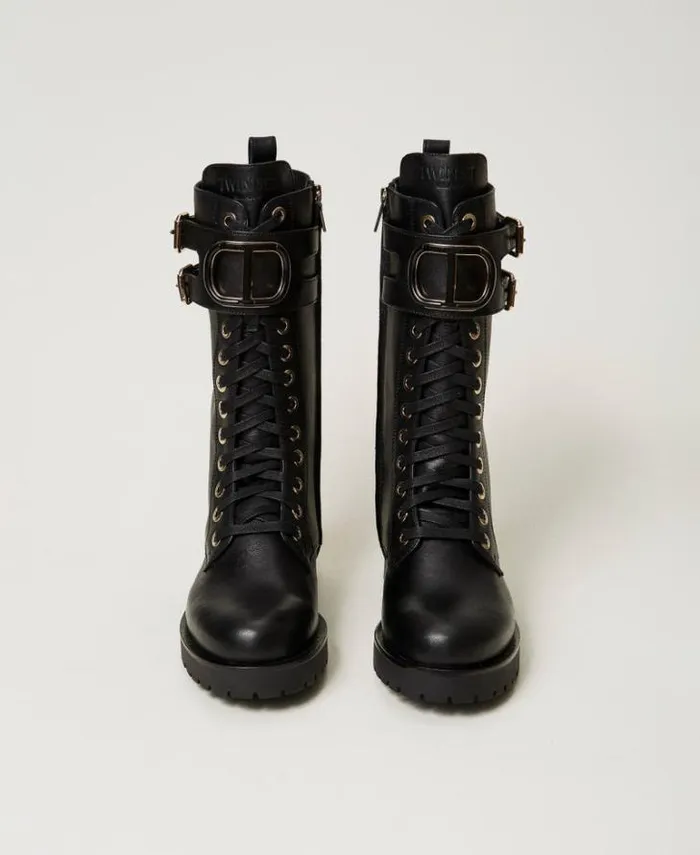 Twinset Flat Shoes High Leather Combat Boots With Oval T Black 8211 Shoes