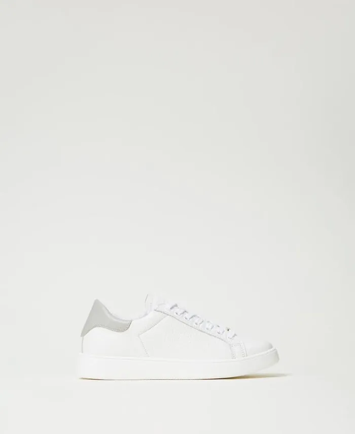 Twinset Flat Shoes Leather Trainers With Oval T Twotone Optical White Pearl Grey 8211 Shoes
