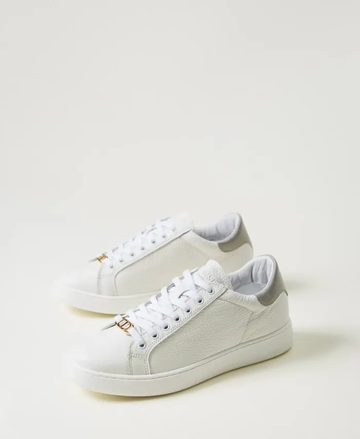 Twinset Flat Shoes Leather Trainers With Oval T Twotone Optical White Pearl Grey 8211 Shoes