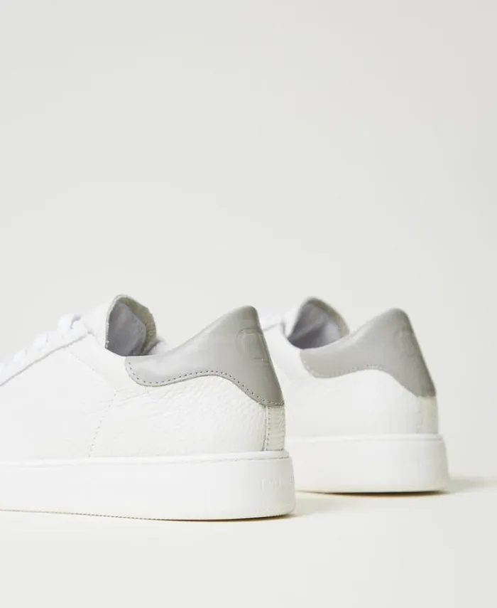 Twinset Flat Shoes Leather Trainers With Oval T Twotone Optical White Pearl Grey 8211 Shoes