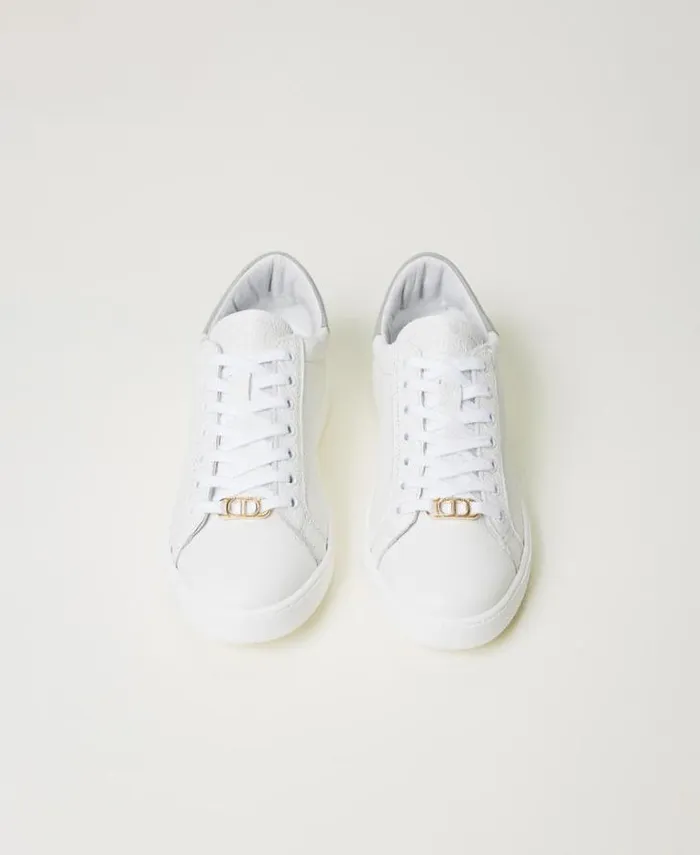 Twinset Flat Shoes Leather Trainers With Oval T Twotone Optical White Pearl Grey 8211 Shoes