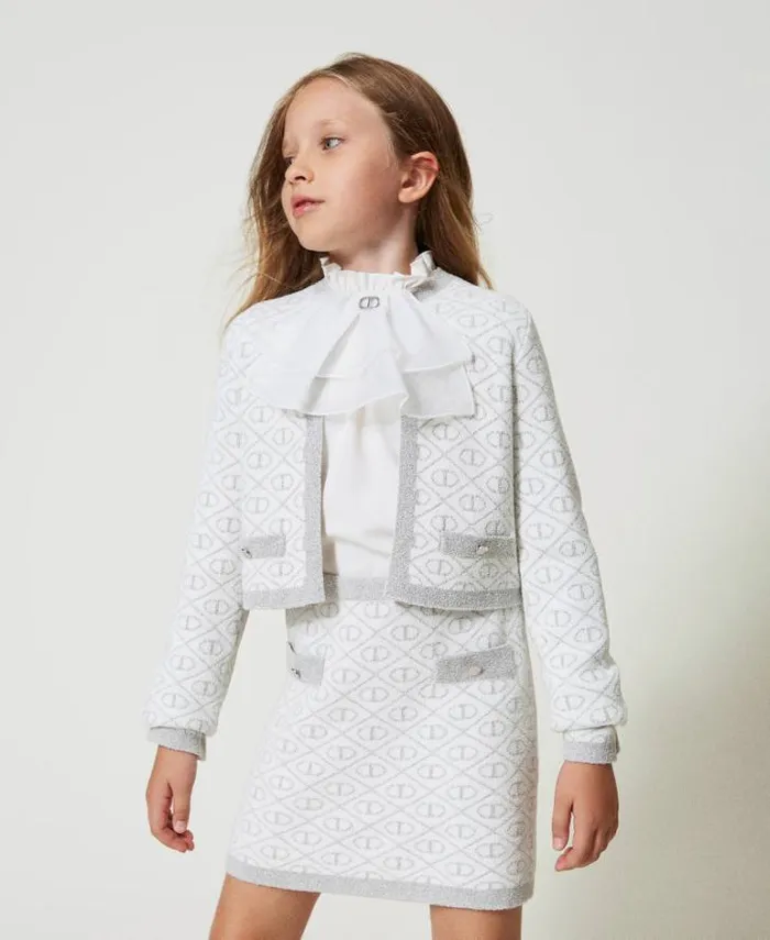 Twinset Jackets And Outerwear Jacquard Knit Jacket With Oval T Twotone Off White Metallic Silver 8211 Girl Twinset Jackets And Outerwear Jacquard Knit Jacket With Oval T Twotone Off White Metallic Silver 8211 Girl