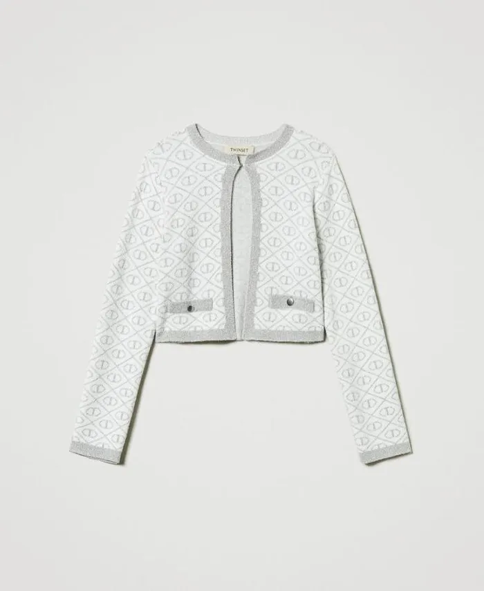 Twinset Jackets And Outerwear Jacquard Knit Jacket With Oval T Twotone Off White Metallic Silver 8211 Girl