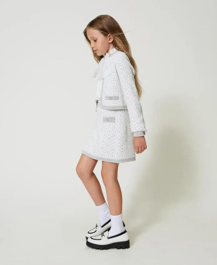Twinset Jackets And Outerwear Jacquard Knit Jacket With Oval T Twotone Off White Metallic Silver 8211 Girl