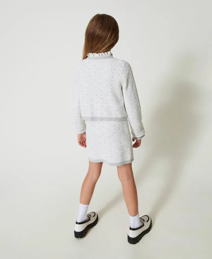 Twinset Jackets And Outerwear Jacquard Knit Jacket With Oval T Twotone Off White Metallic Silver 8211 Girl