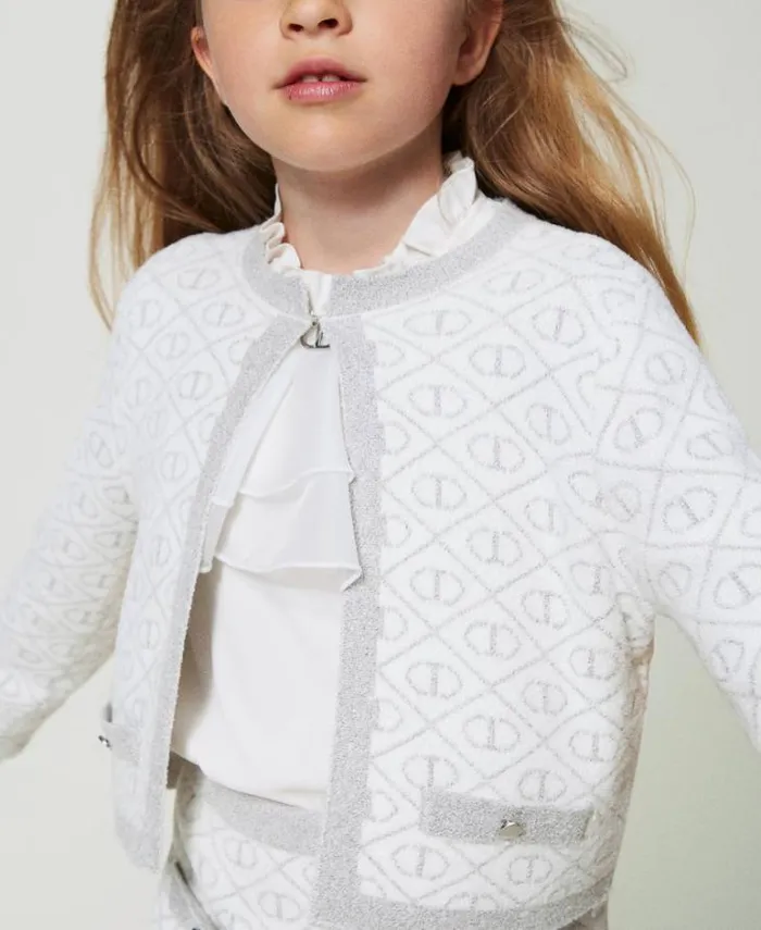 Twinset Jackets And Outerwear Jacquard Knit Jacket With Oval T Twotone Off White Metallic Silver 8211 Girl