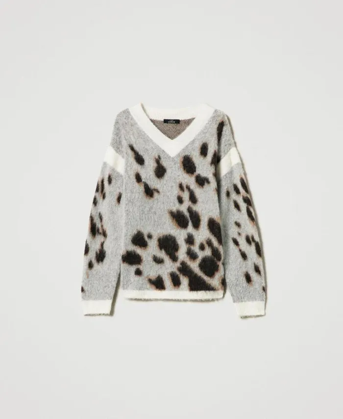 Twinset Jumpers And Cardigans Animal Print Wool Blend Jacquard Jumper White Molegrave Cow Jacquard 8211 Clothing