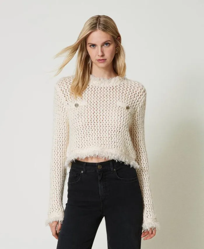 Twinset Jumpers And Cardigans Jacquard Mesh Jumper Old White 8211 Clothing