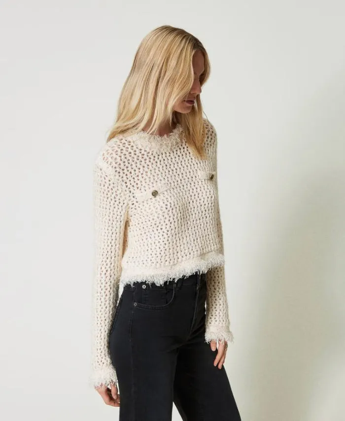 Twinset Jumpers And Cardigans Jacquard Mesh Jumper Old White 8211 Clothing