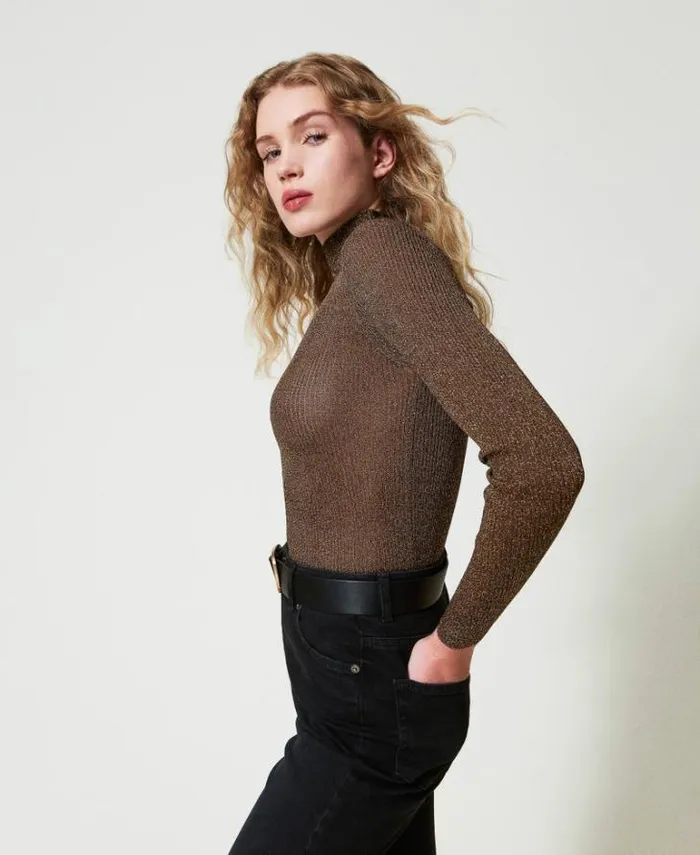 Twinset Jumpers And Cardigans Lurex Turtleneck Jumper Twotone Black Dark Gold 8211 Clothing