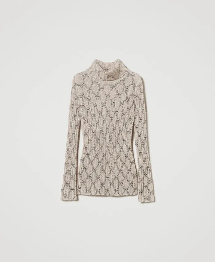 Twinset Jumpers And Cardigans Mohair Blend Turtleneck Printed Jumper White Cream Black Bow Print 8211 Clothing