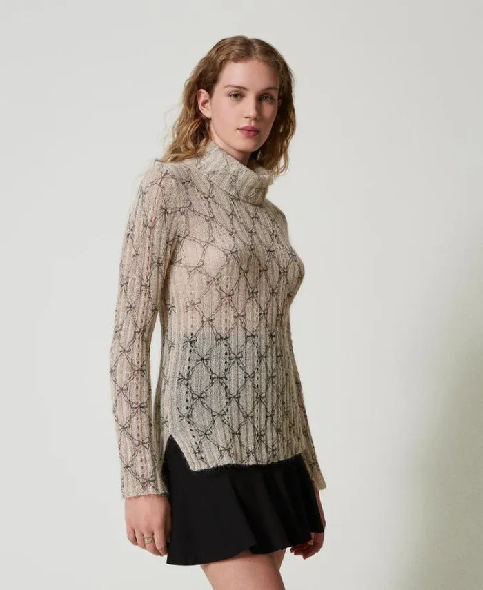 Twinset Jumpers And Cardigans Mohair Blend Turtleneck Printed Jumper White Cream Black Bow Print 8211 Clothing
