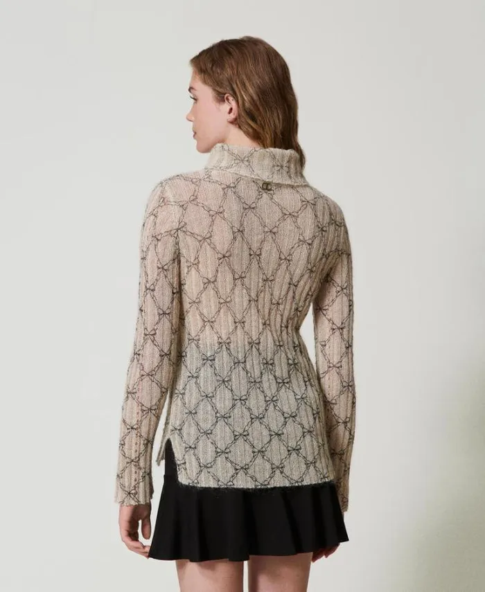 Twinset Jumpers And Cardigans Mohair Blend Turtleneck Printed Jumper White Cream Black Bow Print 8211 Clothing