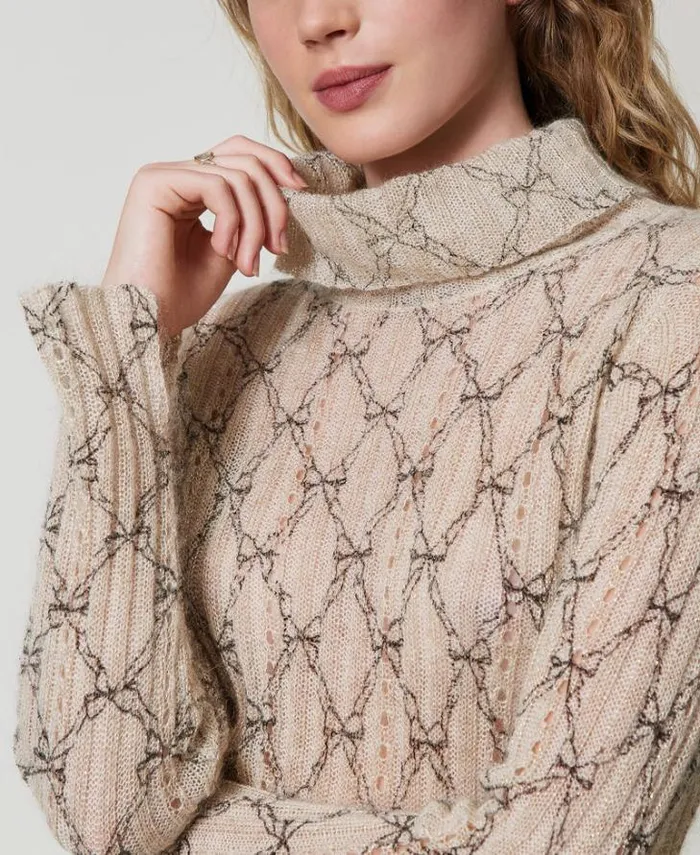 Twinset Jumpers And Cardigans Mohair Blend Turtleneck Printed Jumper White Cream Black Bow Print 8211 Clothing