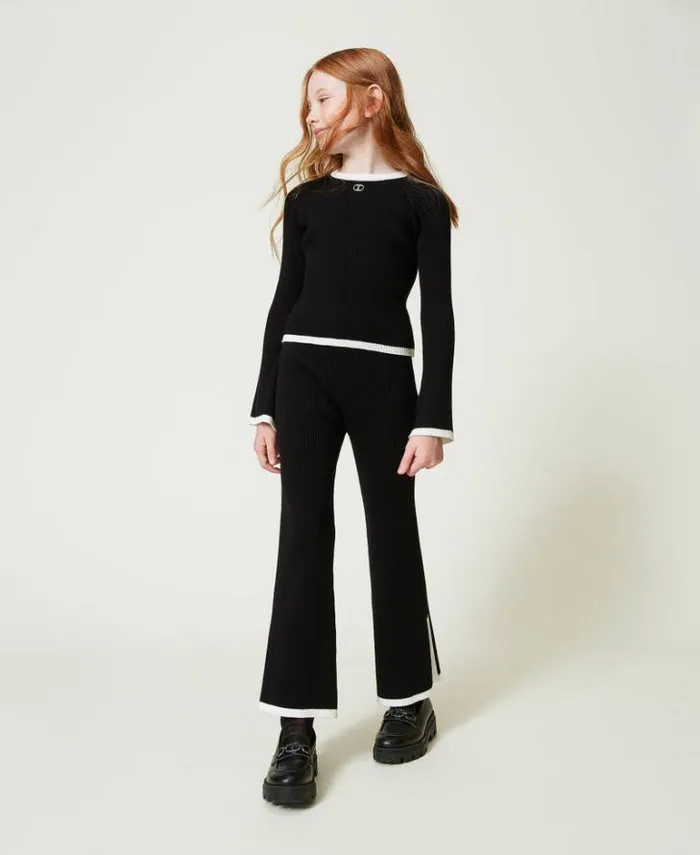 Twinset Jumpers And Cardigans Ribbed Jumper And Wide Trousers Bicolour Black Off White 8211 Girl