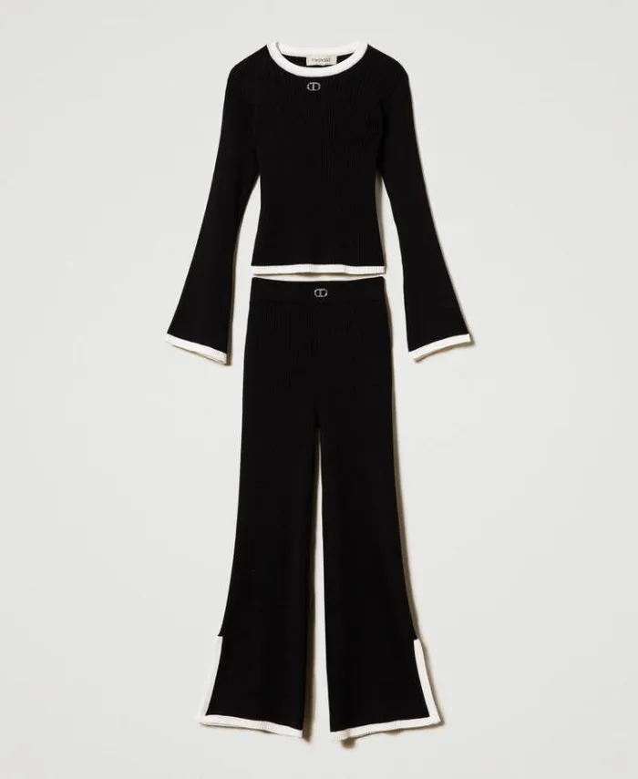 Twinset Jumpers And Cardigans Ribbed Jumper And Wide Trousers Bicolour Black Off White 8211 Girl
