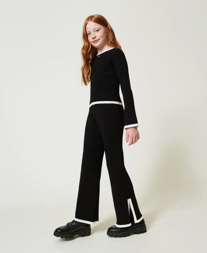 Twinset Jumpers And Cardigans Ribbed Jumper And Wide Trousers Bicolour Black Off White 8211 Girl
