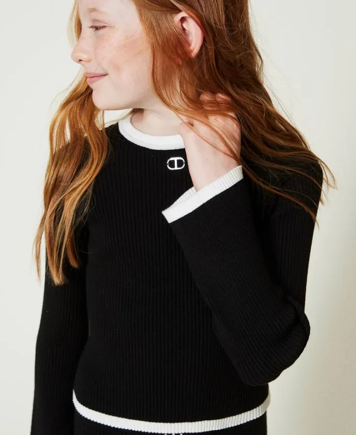 Twinset Jumpers And Cardigans Ribbed Jumper And Wide Trousers Bicolour Black Off White 8211 Girl