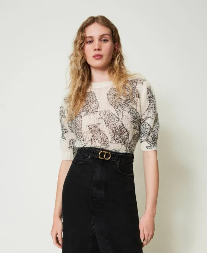 Twinset Jumpers And Cardigans Wool And Mohair Blend Cropped Jumper Black Snow White Jaguar Print 8211 Clothing