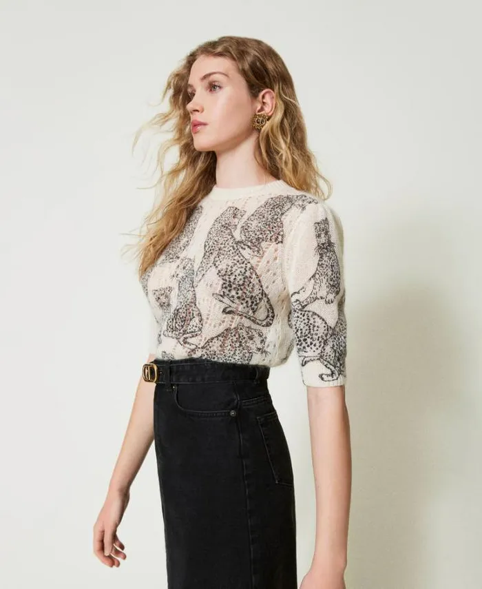 Twinset Jumpers And Cardigans Wool And Mohair Blend Cropped Jumper Black Snow White Jaguar Print 8211 Clothing