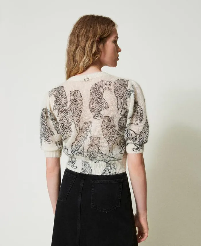 Twinset Jumpers And Cardigans Wool And Mohair Blend Cropped Jumper Black Snow White Jaguar Print 8211 Clothing