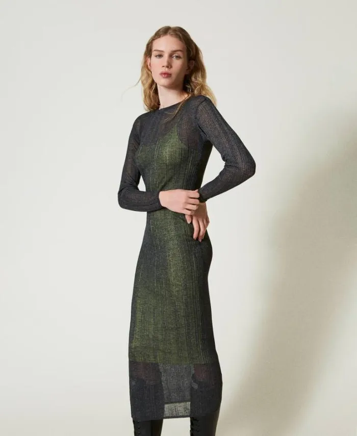 Twinset Long Dresses Fitted Ribbed Knit Long Dress Blackened Pearl Grey 8211 Clothing