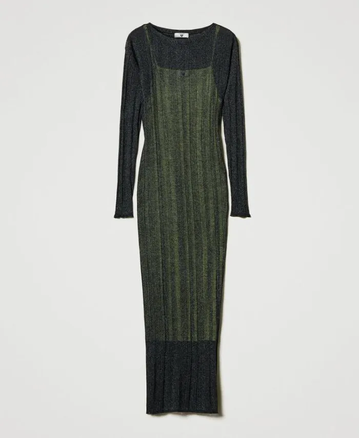 Twinset Long Dresses Fitted Ribbed Knit Long Dress Blackened Pearl Grey 8211 Clothing